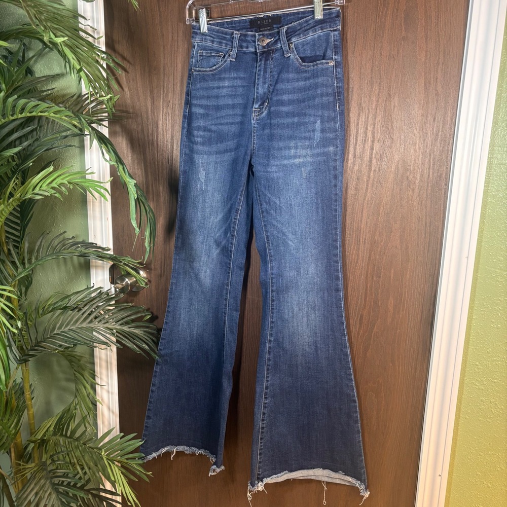Risen Flare Jeans Size 3 High Rise Stretch Denim Raw Hem Wide Leg